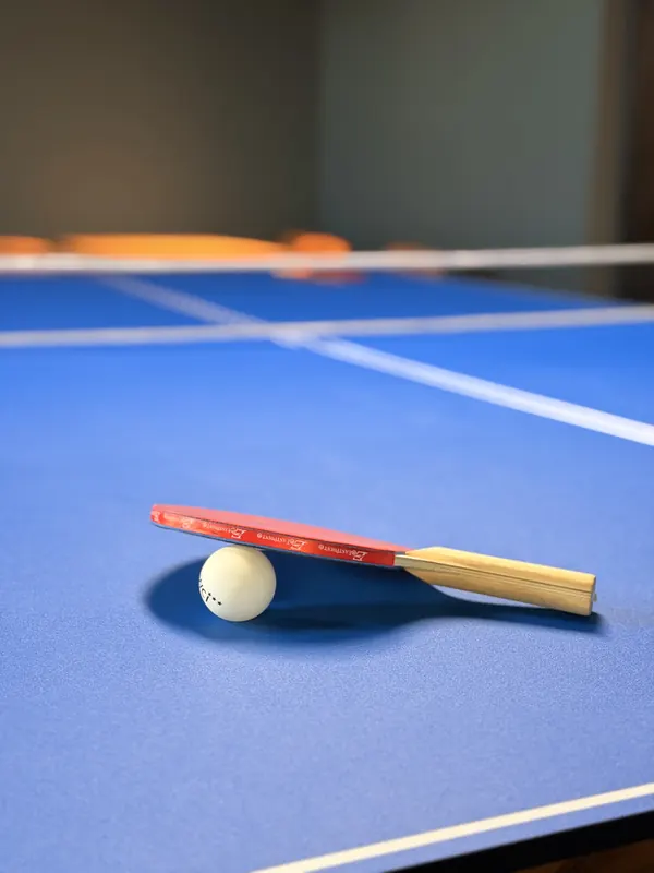 A ping pong paddle and ball on the table.